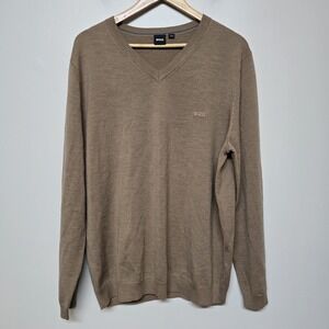 HUGO BOSS Sweater Logo V neck Beige Brown Camel Wool Pullover Sz XXL 2XL Preppy